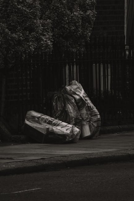 A middle-aged woman with short dark hair, wearing a black T-shirt with white text and dark trousers, is seen discarding a large white plastic bag filled with rubbish into a shiny stainless steel public litter bin on a paved sidewalk. The trash is situated in an outdoor area with a low stone balustrade and lush green trees in the background. The woman's right arm is extended as she holds the bag steady, and she appears focused on securely depositing the waste. The setting is daytime with natural light illuminating the scene, and the environment suggests a city or park frontage where independent waste disposal services might be utilized. The stainless steel litter bin has a rounded top with a narrow opening for depositing waste, consistent with urban rubbish collection standards. To the left of the woman, part of a wooden broom handle is visible, implying she may have been sweeping before disposal. The overall scene reflects a routine act of waste management by individuals, which ties into the context of private rubbish removal and alternative waste handling services that companies like wasteremovalelephantandcastle.co.uk provide in urban areas.